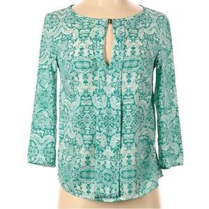 H&M Floral Print Blouse Front Keyhole Opening 3/4 Sleeves Teal White Size 4